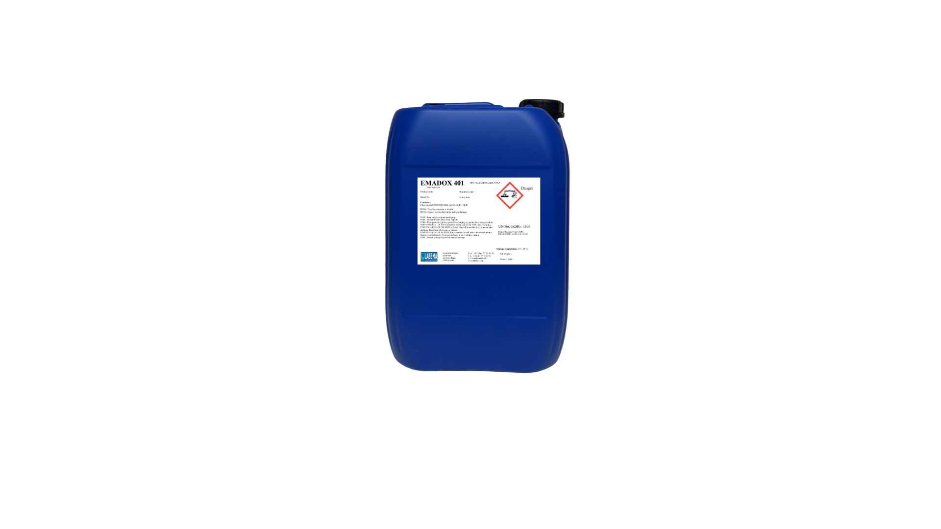 Jerrican de 20 kg d’EMADOX 401, produit dérouillant phosphatant pour le traitement des surfaces métalliques