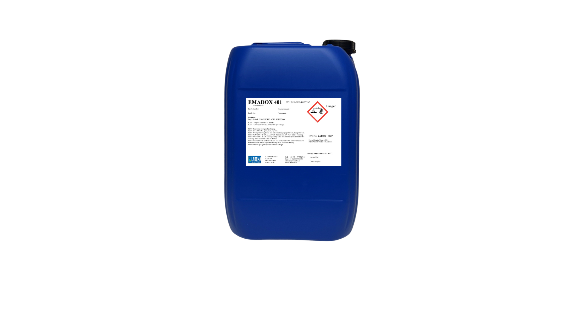 Jerrican de 30 kg d’EMADOX 401, solution dérouillante et phosphatante pour surfaces métalliques